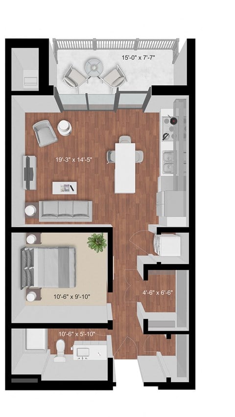 Floor plan for 1 bed, 1 bath, 668 sqft